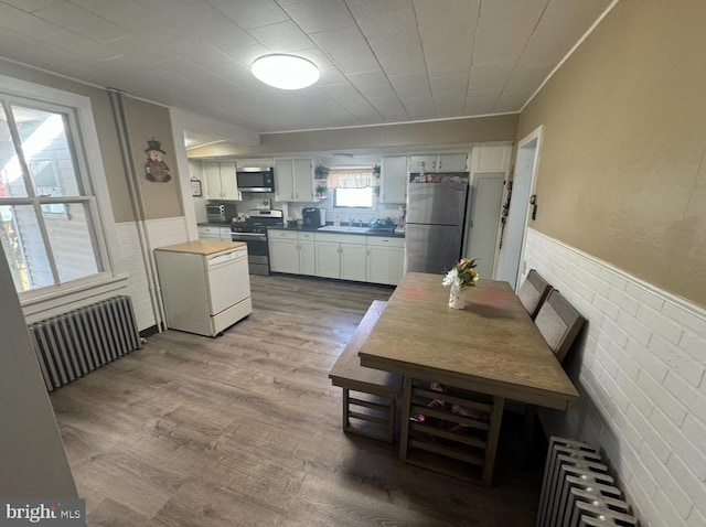 kitchen featuring appliances with stainless steel finishes, light wood-type flooring, radiator heating unit, butcher block countertops, and white cabinetry