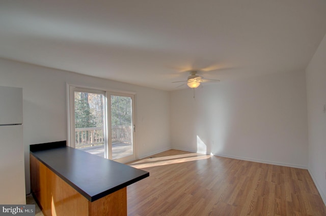 kitchen featuring ceiling fan, white fridge, and light hardwood / wood-style floors