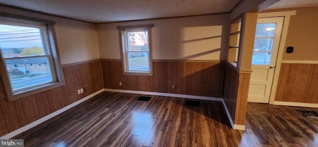 empty room featuring wood walls and dark hardwood / wood-style flooring