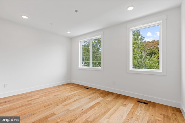 spare room with plenty of natural light and light hardwood / wood-style flooring