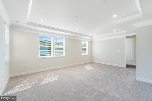 carpeted spare room with a raised ceiling and ornamental molding