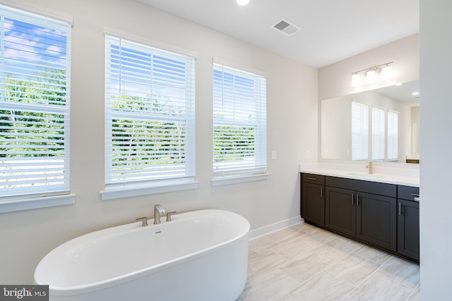 bathroom with vanity, plenty of natural light, and a bathtub