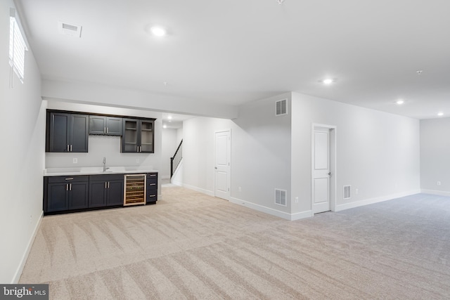 110 Stilly Way, Annapolis, MD 21403 - indoor wet bar featuring wine cooler, light colored carpet, recessed lighting, baseboards, and stairs