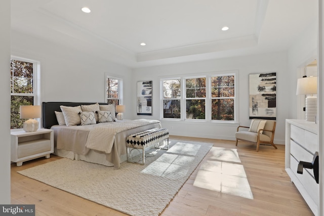 bedroom featuring a raised ceiling and light hardwood / wood-style flooring