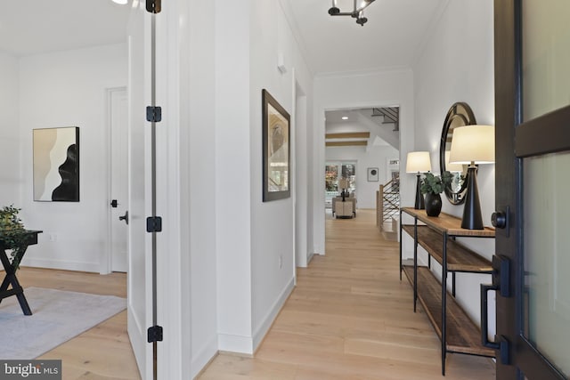 hallway featuring crown molding and light hardwood / wood-style flooring