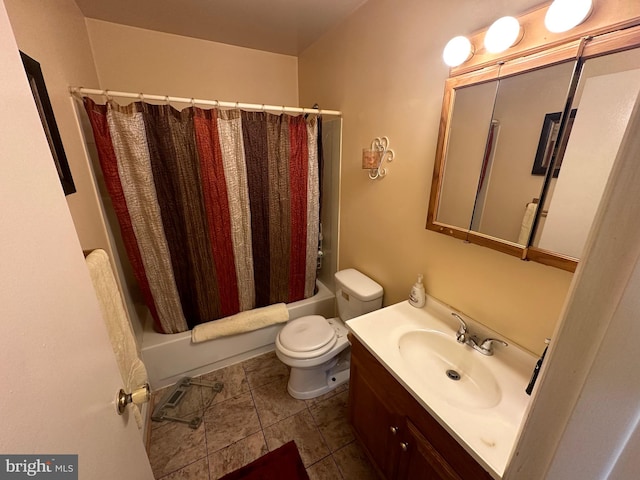 full bathroom featuring tile patterned floors, shower / bath combination with curtain, toilet, and vanity