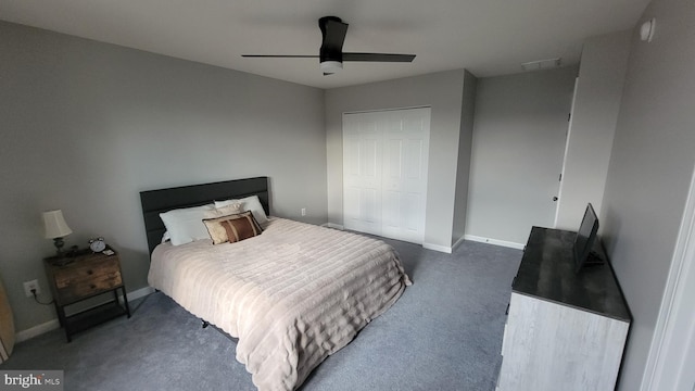 carpeted bedroom featuring ceiling fan and a closet