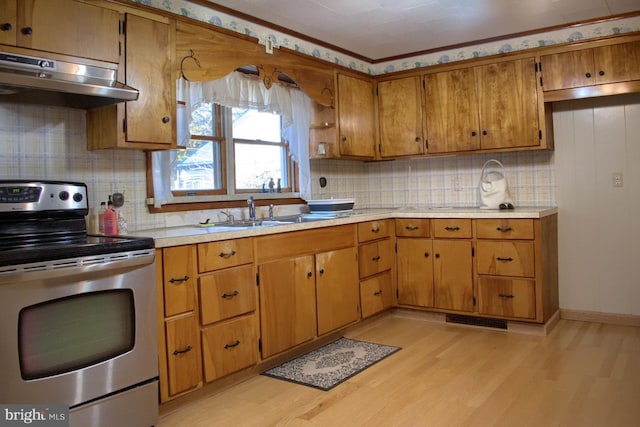 kitchen featuring backsplash, exhaust hood, electric stove, sink, and light hardwood / wood-style flooring