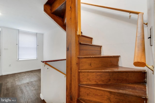 stairway featuring hardwood / wood-style flooring