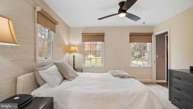 bedroom featuring carpet, ceiling fan, and multiple windows