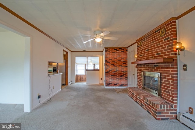 unfurnished living room featuring ceiling fan, light colored carpet, a baseboard radiator, and a brick fireplace