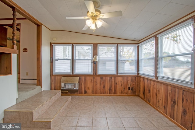 unfurnished sunroom with ceiling fan, lofted ceiling, and baseboard heating