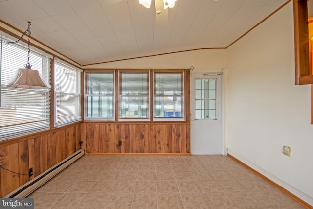 unfurnished sunroom with ceiling fan, vaulted ceiling, and a baseboard radiator