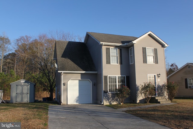 view of front of property featuring a garage and a storage unit