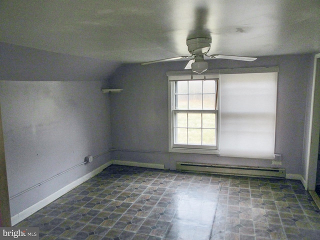 bonus room featuring ceiling fan, lofted ceiling, and baseboard heating