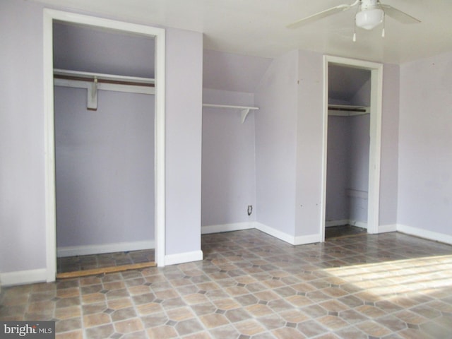 8240 Greenleek Hill Rd, Nanjemoy, MD 20662 - unfurnished bedroom featuring two closets, ceiling fan, and baseboards