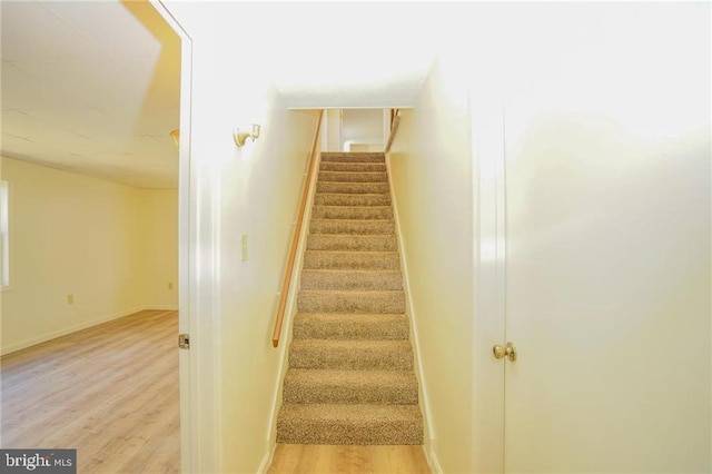 staircase with hardwood / wood-style floors