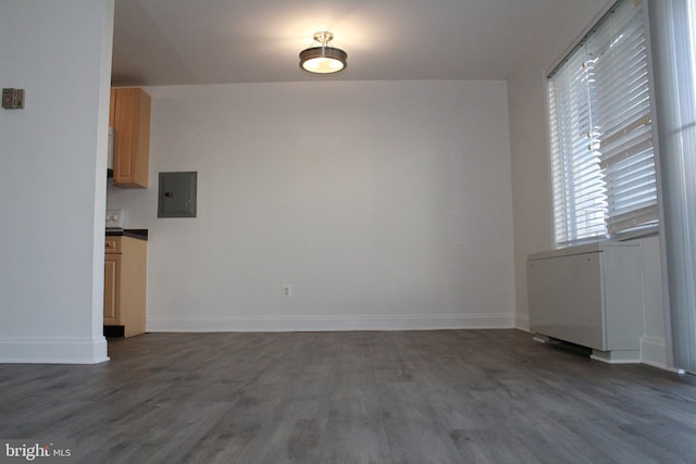 unfurnished dining area featuring dark hardwood / wood-style flooring and electric panel