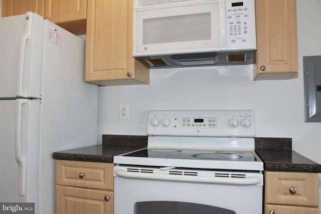 kitchen featuring electric panel, light brown cabinetry, and white appliances