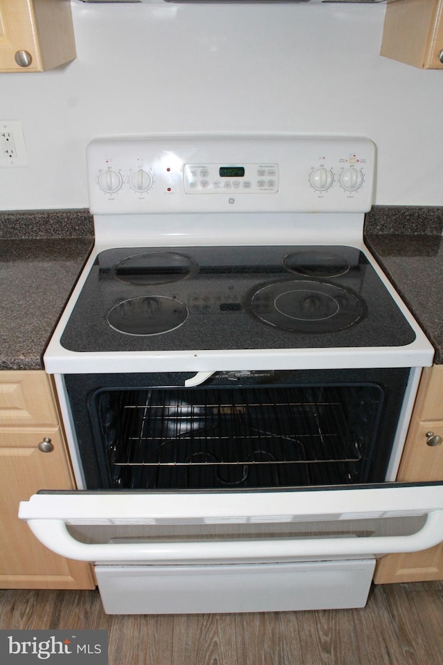 room details with light brown cabinets, electric stove, and dark wood-type flooring