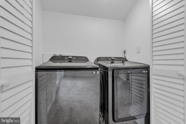 washroom featuring washer and dryer and carpet floors