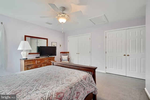 bedroom with ceiling fan and carpet floors