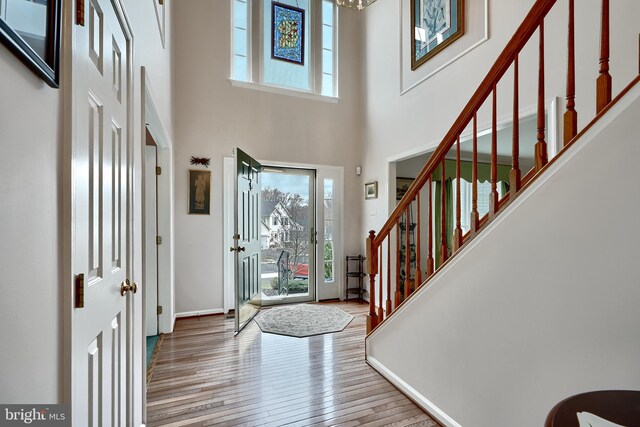 foyer with a high ceiling and light wood-type flooring