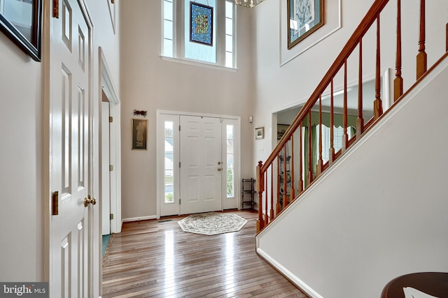 foyer with hardwood / wood-style floors and a high ceiling