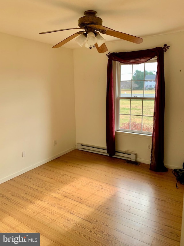 unfurnished room featuring light wood-type flooring, a baseboard radiator, and ceiling fan