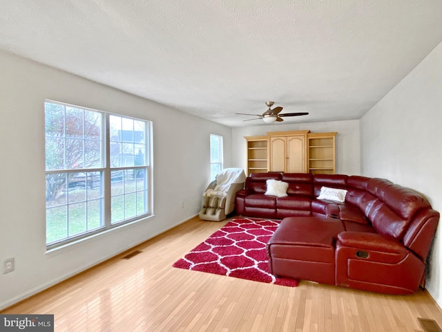 living room featuring plenty of natural light, a textured ceiling, and light wood-type flooring