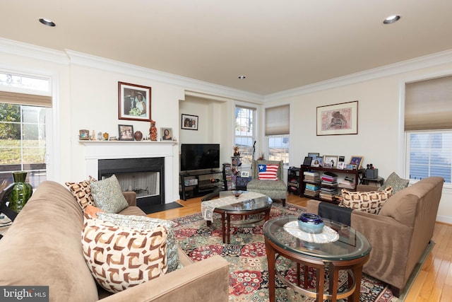 living room featuring light hardwood / wood-style flooring and ornamental molding