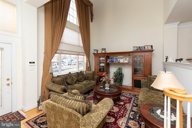 living room with light wood-type flooring and ornamental molding