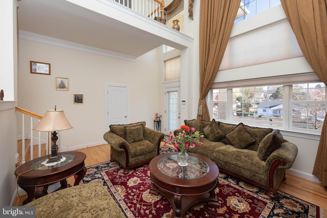 living room with hardwood / wood-style floors and crown molding