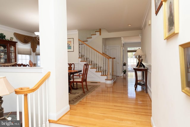 hall with wood-type flooring and crown molding