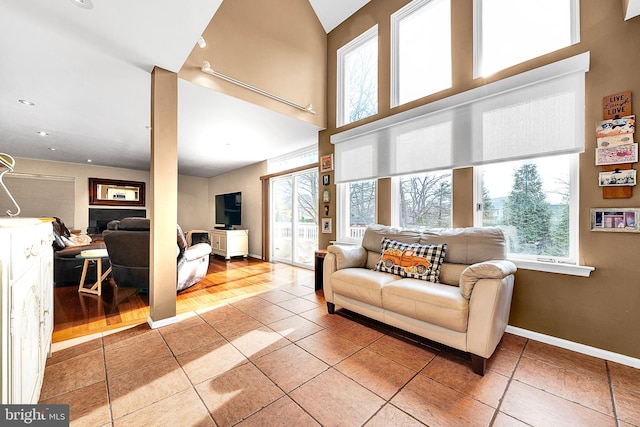 living room with hardwood / wood-style floors, a towering ceiling, and a wealth of natural light