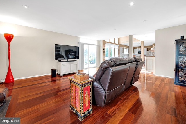 living room with dark hardwood / wood-style floors