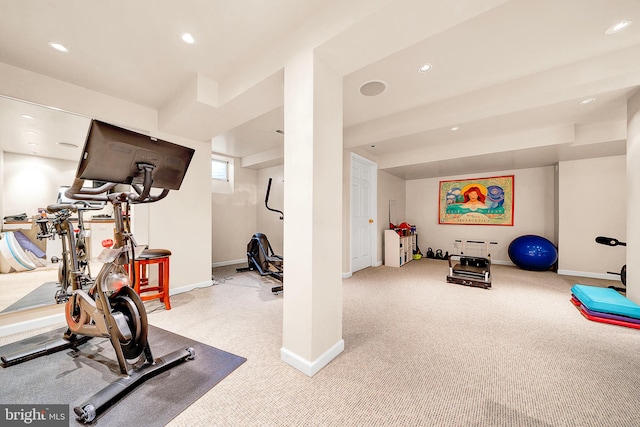 workout area with light colored carpet