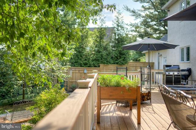 wooden terrace with area for grilling