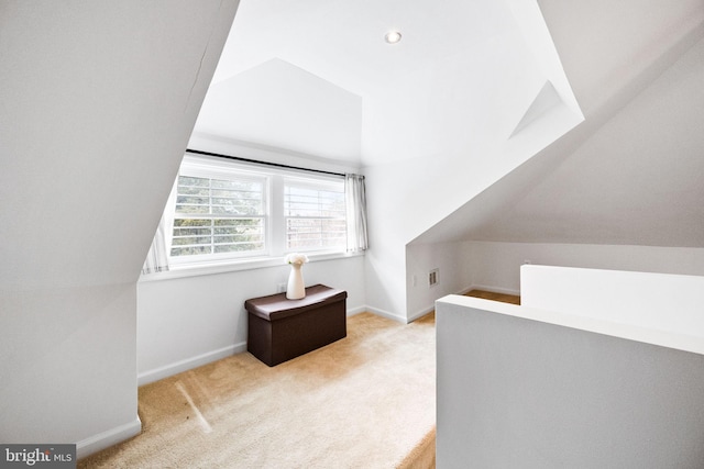 additional living space featuring light colored carpet and vaulted ceiling