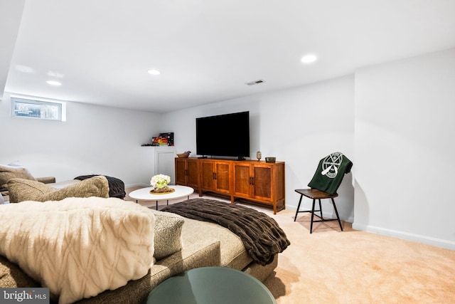 living room with light colored carpet