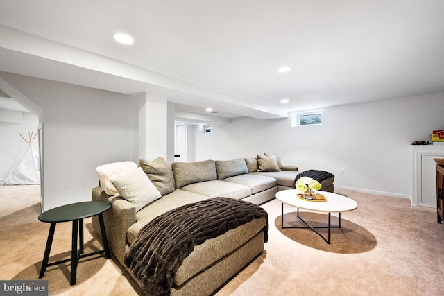 living room with light colored carpet