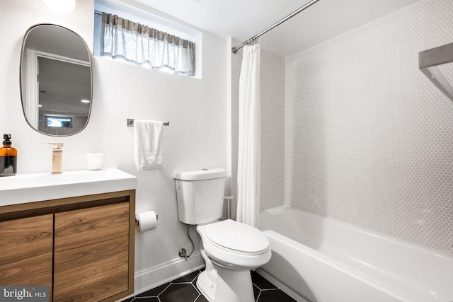 full bathroom featuring tile patterned floors, vanity, shower / bath combination with curtain, and toilet