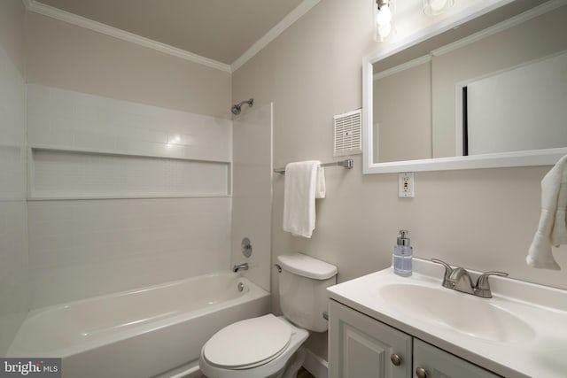 full bathroom featuring shower / bathing tub combination, vanity, toilet, and ornamental molding