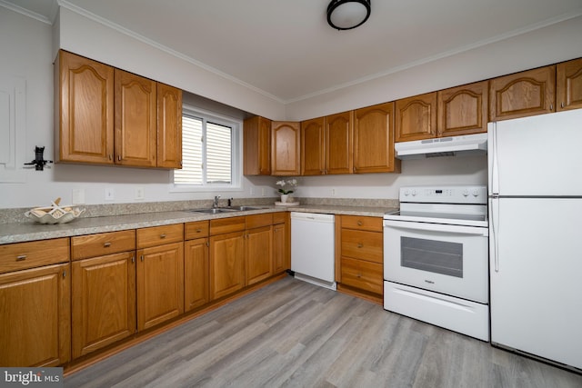 kitchen featuring sink, light wood-type flooring, white appliances, and ornamental molding