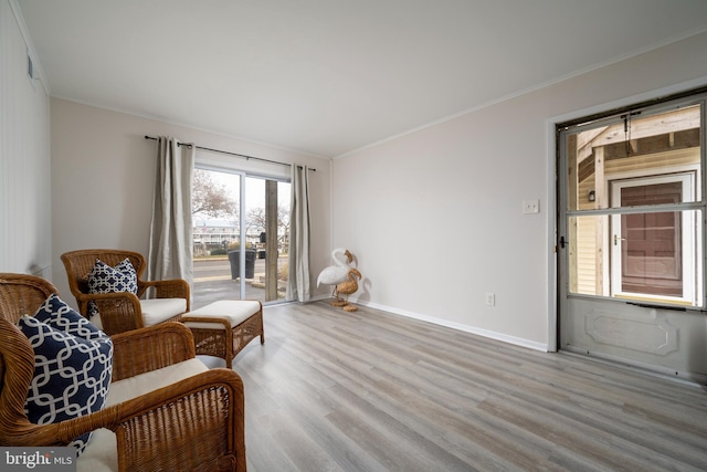 living area featuring light wood-type flooring and crown molding