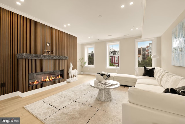 living room featuring light hardwood / wood-style floors, crown molding, and a wealth of natural light