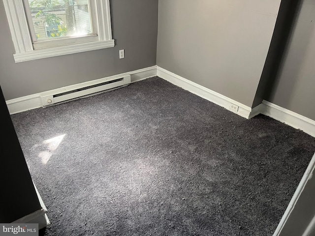 empty room with carpet floors and baseboard heating