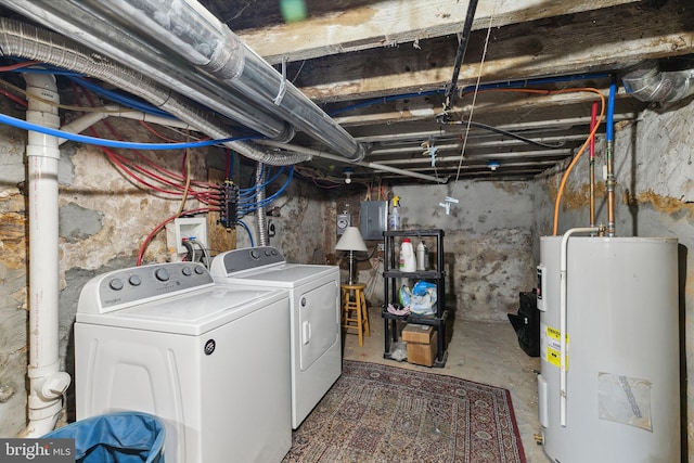 laundry room featuring washer and dryer, electric water heater, and electric panel