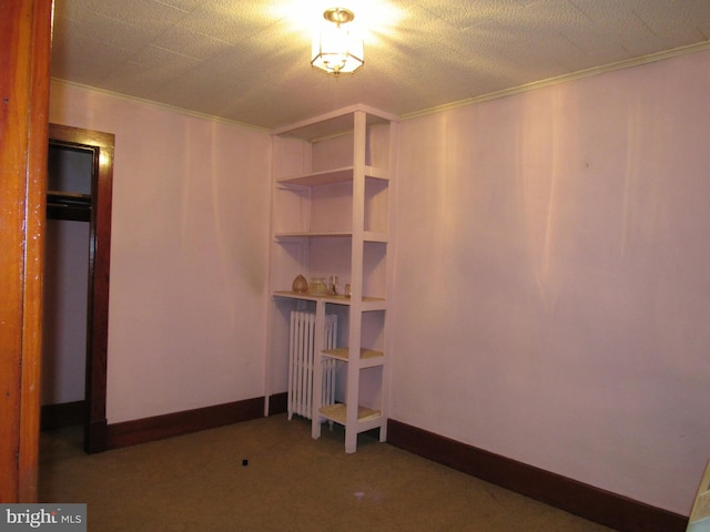 basement with carpet flooring, radiator, crown molding, and a textured ceiling