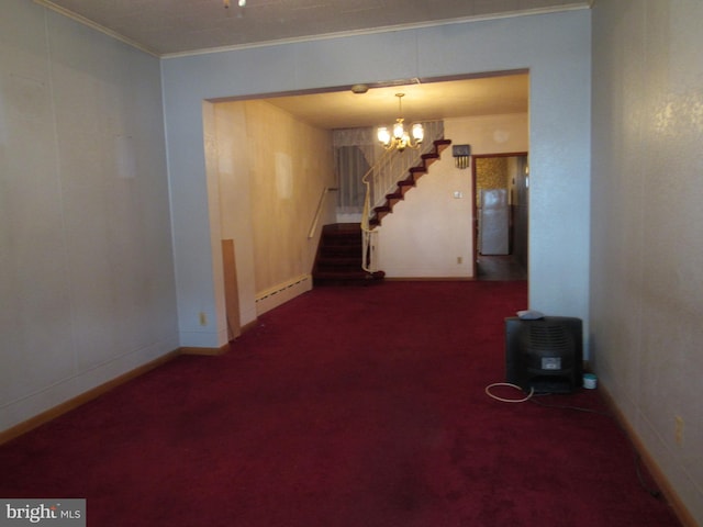 carpeted empty room featuring a chandelier, crown molding, and a baseboard heating unit